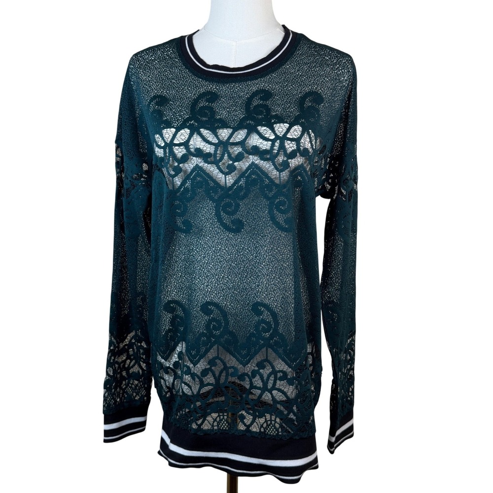 Fabletics Teal Green Lace Sheer Long Sleeve Top Striped Trim Small LS1617652